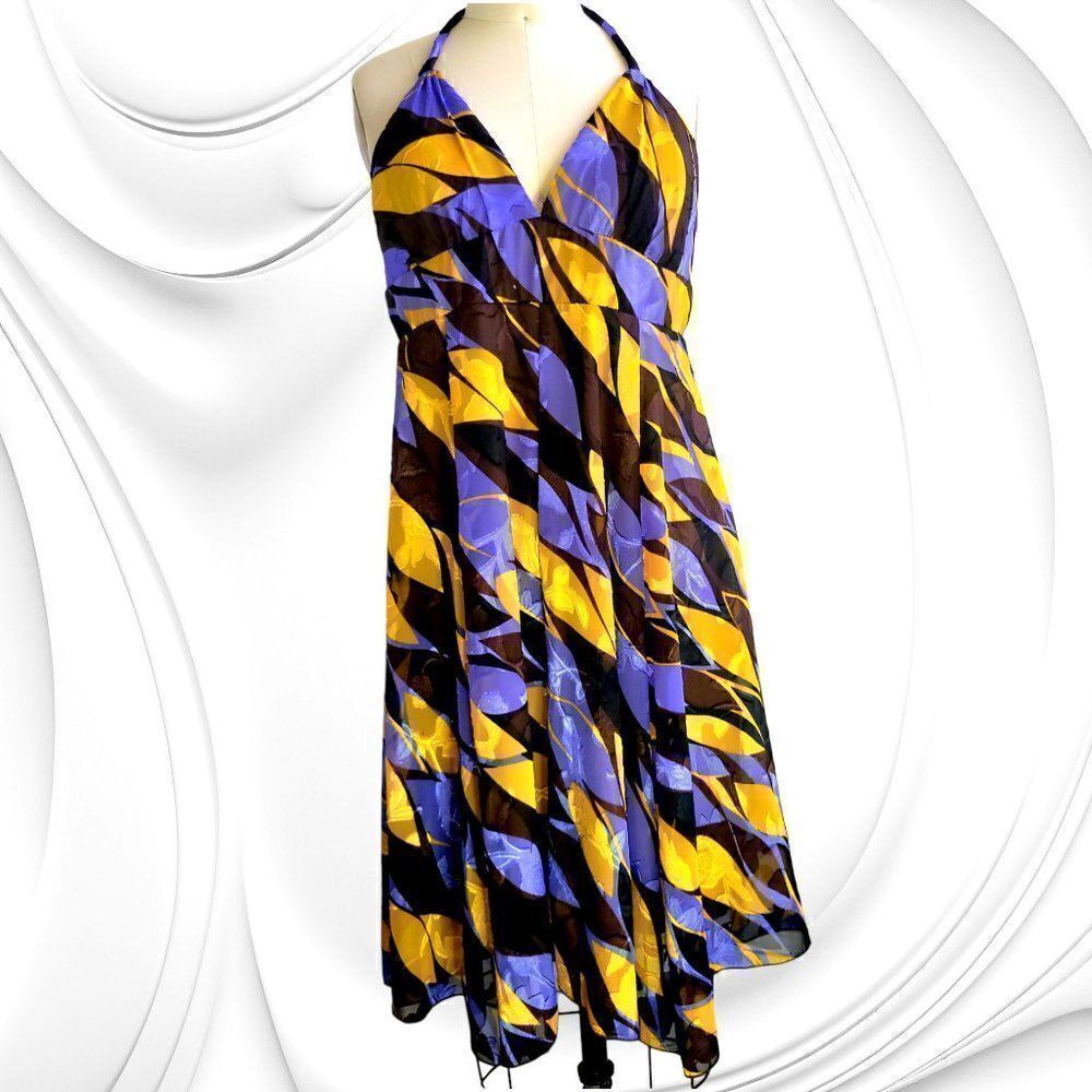 Geometric gold purple brown halter dress